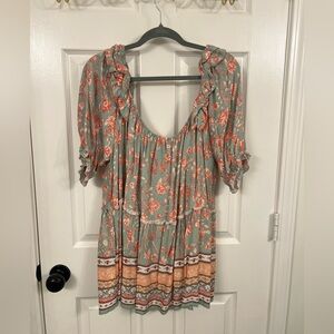 Floral Babydoll Ruffle Blouse - Green and Orange